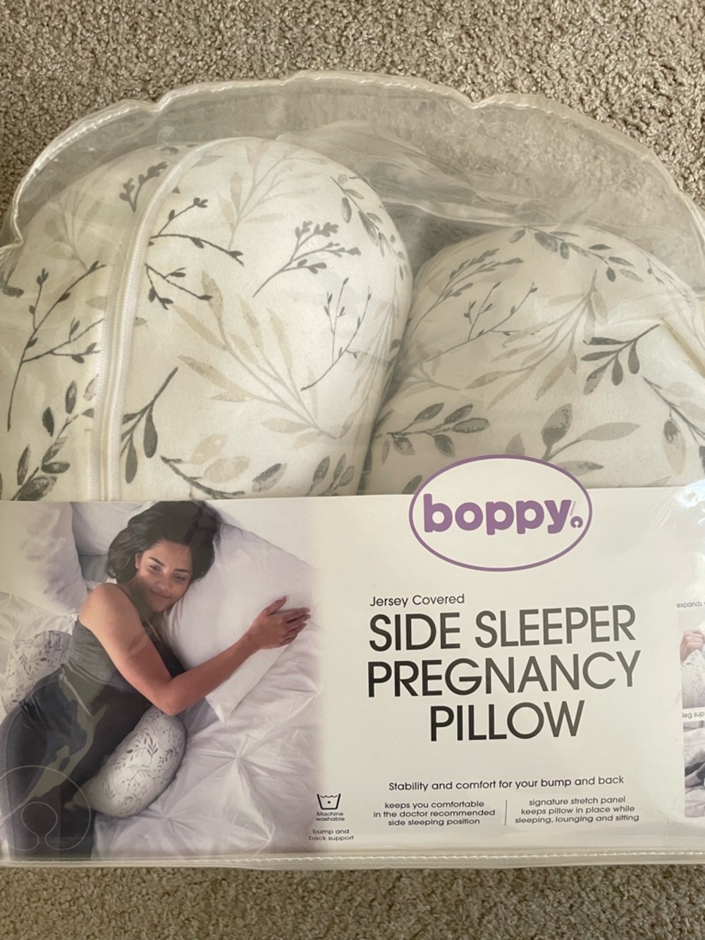 Boppy Side Sleeper Pregnancy Pillow - White with Gray Leaf Print